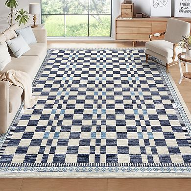 Modern Non-Slip Checkered Rug, Stain-Resistant Soft Faux Wool Carpet for Living Room, Nursery