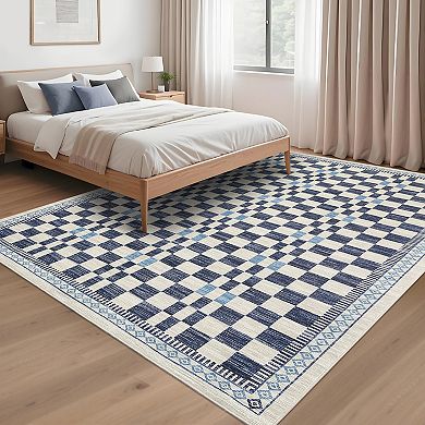 Modern Non-Slip Checkered Rug, Stain-Resistant Soft Faux Wool Carpet for Living Room, Nursery