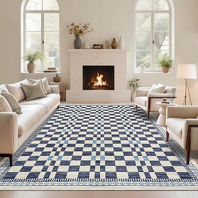 Modern Non-Slip Checkered Rug, Stain-Resistant Soft Faux Wool Carpet for Living Room, Nursery
