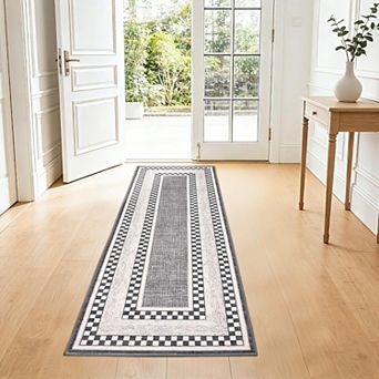 Checkered Area Rug 2x6, No Slip Washable Rug, Modern Bedroom Rug Under Bed Ultra Carpet
