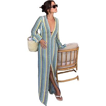 Womens Crochet Bell Long Sleeve V Neck Maxi Dress Boho Eyelet Long Sundresses Beach Slit Cover Up