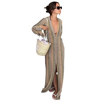 Womens Crochet Bell Long Sleeve V Neck Maxi Dress Boho Eyelet Long Sundresses Beach Slit Cover Up