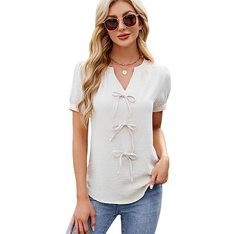 Women Summer Simple Short Sleeve V-Neck T-Shirt with Front Bow Tie Decoration Daily Loose Casual Top