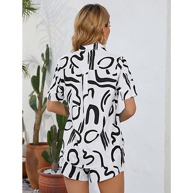Women's 2 Piece Loose Fitting Casual Sets Short Sleeve Top Shorts Print Sets