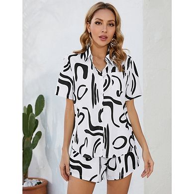 Women's 2 Piece Loose Fitting Casual Sets Short Sleeve Top Shorts Print Sets