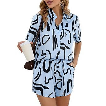 Women's 2 pc Loose Fitting Casual Sets Short Sleeve Top Shorts Print Sets