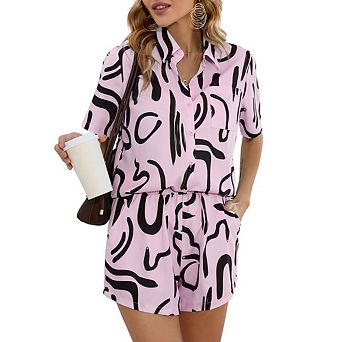 Women's 2 pc Loose Fitting Casual Sets Short Sleeve Top Shorts Print Sets