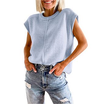 Women Casual Cap Sleeve Sweater Vest Crew Neck Sleeveless Knit Tank Top Lightweight Pullover Sweater