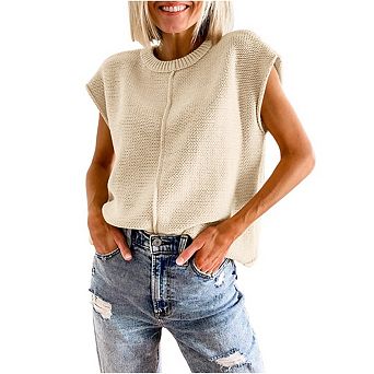 Women Casual Cap Sleeve Sweater Vest Crew Neck Sleeveless Knit Tank Top Lightweight Pullover Sweater