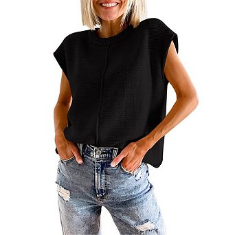 Women Casual Cap Sleeve Sweater Vest Crew Neck Sleeveless Knit Tank Top Lightweight Pullover Sweater