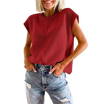 Women Casual Cap Sleeve Sweater Vest Crew Neck Sleeveless Knit Tank Top Lightweight Pullover Sweater