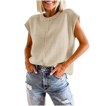 Women Casual Cap Sleeve Sweater Vest Crew Neck Sleeveless Knit Tank Top Lightweight Pullover Sweater