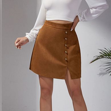 Women's High Waist Mini Skirt Button Front Split Hem A-Line Skirt Casual Elegant Suede Skirt