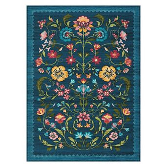 Floral Washable Rugs, Non-Slip Low Pile Living Room Rugs Stain Resistance Vintage Throw Rug