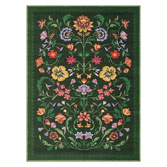 Floral Washable Rugs, Non-Slip Low Pile Living Room Rugs Stain Resistance Vintage Throw Rug