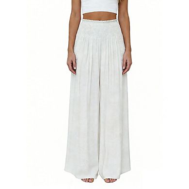 Women's High Waist Smocked Flowy Casual Elegant Wide Leg Pants with Side Pockets