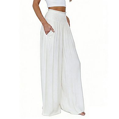 Women's High Waist Smocked Flowy Casual Elegant Wide Leg Pants with Side Pockets