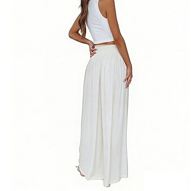 Women's High Waist Smocked Flowy Casual Elegant Wide Leg Pants with Side Pockets