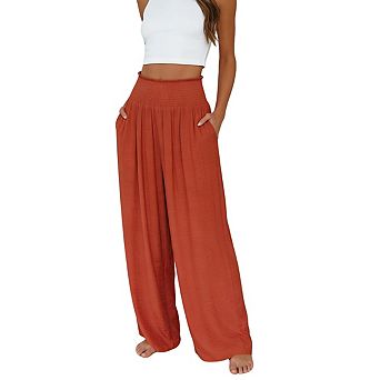 Women's High Waist Smocked Flowy Casual Elegant Wide Leg Pants with Side Pockets
