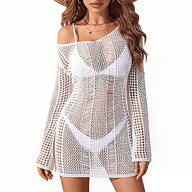 Women's One Shoulder Long Bell Sleeve Crochet Open Knit Back Tie Swimsuits Cover Up