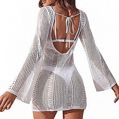 Women's One Shoulder Long Bell Sleeve Crochet Open Knit Back Tie Swimsuits Cover Up