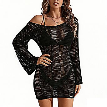 Women's One Shoulder Long Bell Sleeve Crochet Open Knit Back Tie Swimsuits Cover Up