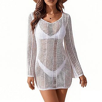 Women's One Shoulder Long Bell Sleeve Crochet Open Knit Back Tie Swimsuits Cover Up