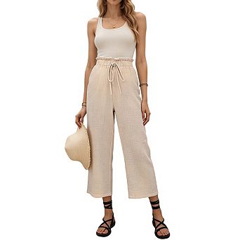 Women's Wide Leg Pants Drawstring High Waist Ruffled Band Cropped Pants