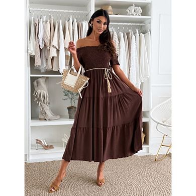 Women Pleated Ruched Tiered Half Sleeve Off-Shoulder Ruffle Hem A Line Flowy Elegant Maxi Dress