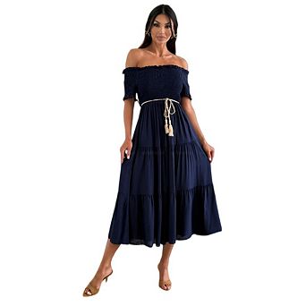 Women Pleated Ruched Tiered Half Sleeve Off-Shoulder Ruffle Hem A Line Flowy Elegant Maxi Dress