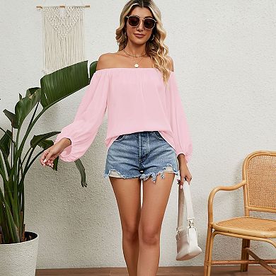 Women's Elegant Off Shoulder Top Ruffle Long Sleeve Chiffon Blouse Casual Loose Shirts