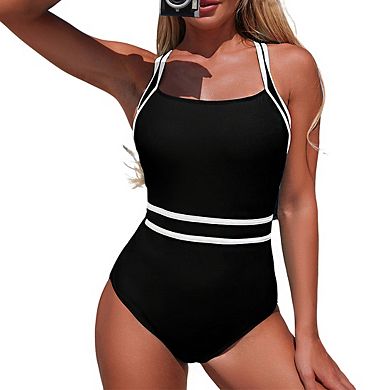 Women's 1 Piece Swimsuit Square Neck Cross Back Color Block Bikini