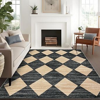 8x10 Rugs Washable Checkered Rug, Modern Neutral Living Room Rugs, Stain-Resistant Large