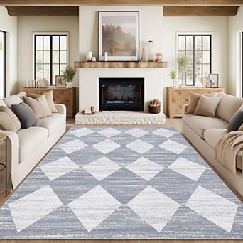 8x10 Rugs Washable Checkered Rug, Modern Neutral Living Room Rugs, Stain-Resistant Large
