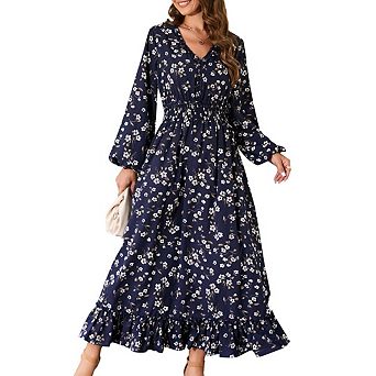 Women Casual V Neck Boho Floral Print Wedding Guest Maxi Dresses Bohemian Flowy Maxi Dress