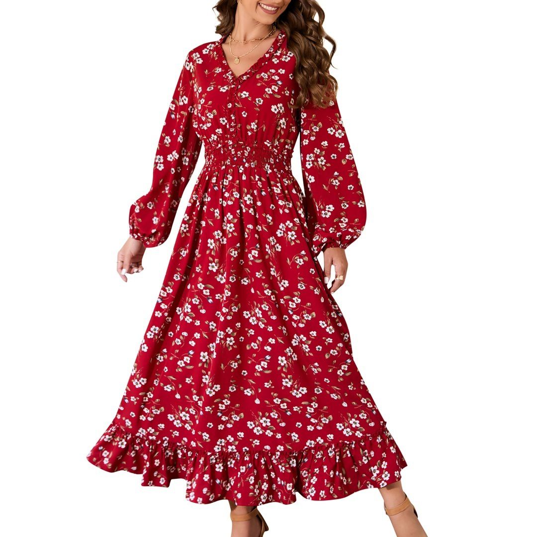 Женские платья Women Casual V Neck Boho Floral Print Wedding Guest Maxi Dresses Bohemian Flowy Maxi Dress