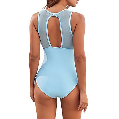 Women's Deep V Neck Sleeveless 1 Piece Swimsuit Lace Up Front Keyhole Cutout Bikini