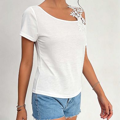 Women's Lace Applique Cold Shoulder T-Shirt, Short Sleeve Asymmetric Neck Casual Tee