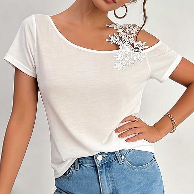 Women's Lace Applique Cold Shoulder T-Shirt, Short Sleeve Asymmetric Neck Casual Tee