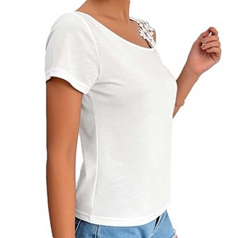 Women's Lace Applique Cold Shoulder T-Shirt, Short Sleeve Asymmetric Neck Casual Tee