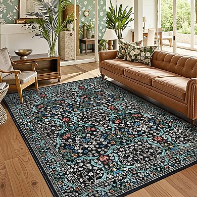 Vintage Floral Washable Rug Non-Slip Stain Resistant Carpet