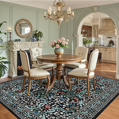Vintage Floral Washable Rug Non-Slip Stain Resistant Carpet