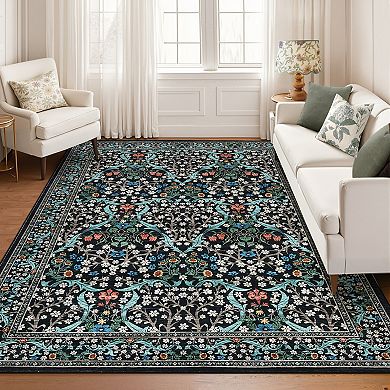 Vintage Floral Washable Rug Non-Slip Stain Resistant Carpet