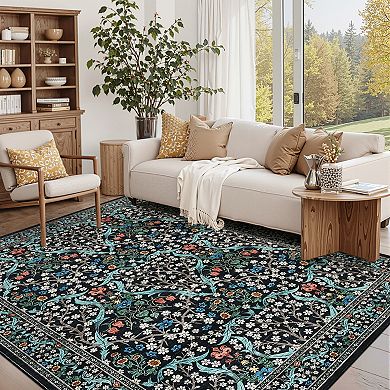 Vintage Floral Washable Rug Non-Slip Stain Resistant Carpet