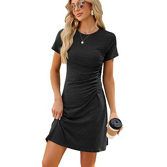 Women Round Neck Side Ruched Short Sleeve Dress Slim Fit Versatile Lightweight Dress for Daily Work