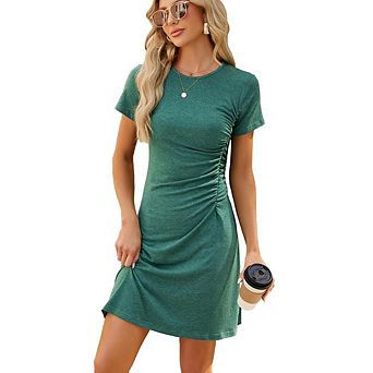 Women Round Neck Side Ruched Short Sleeve Dress Slim Fit Versatile Lightweight Dress for Daily Work
