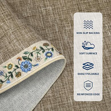 Washable Living Room Rug Floral Bordered Area Rugs Soft Thin Indoor Carpet for Bedroom