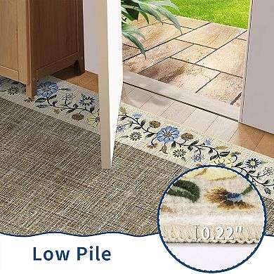 Washable Living Room Rug Floral Bordered Area Rugs Soft Thin Indoor Carpet for Bedroom