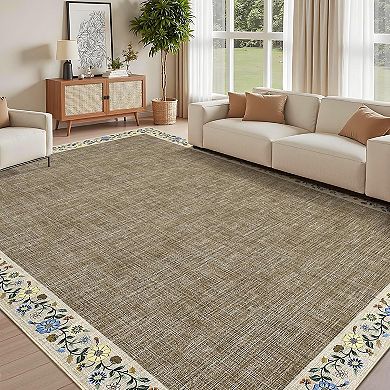 Washable Living Room Rug Floral Bordered Area Rugs Soft Thin Indoor Carpet for Bedroom