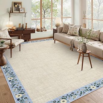 Washable Living Room Rug Floral Bordered Area Rugs Soft Thin Indoor Carpet for Bedroom